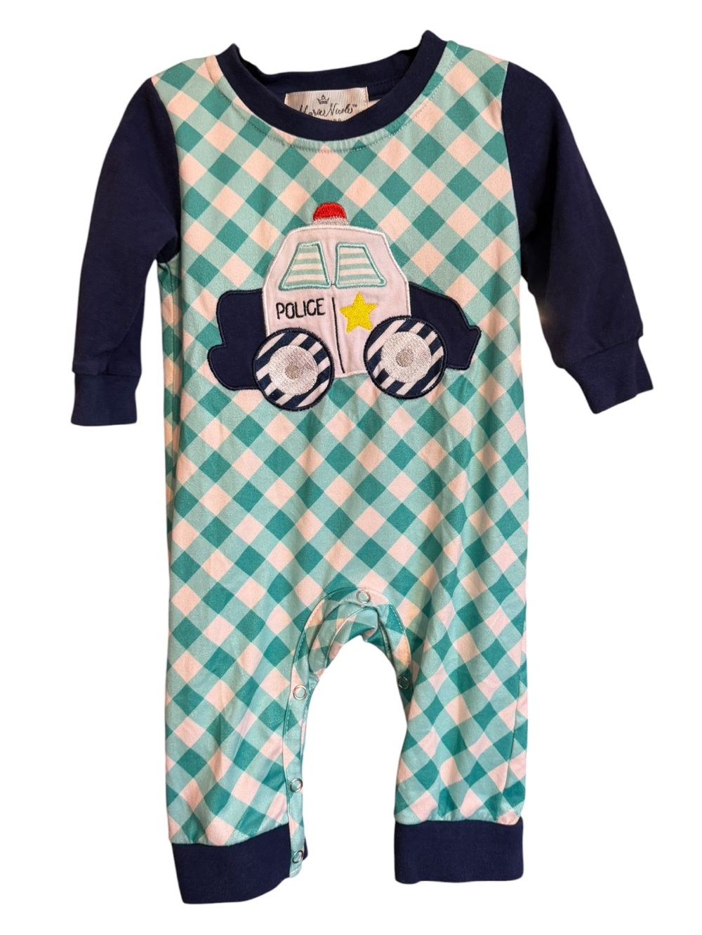 Marie Nicole Police Appliqué One-Piece Romper Teal Gingham Size 3/6 months